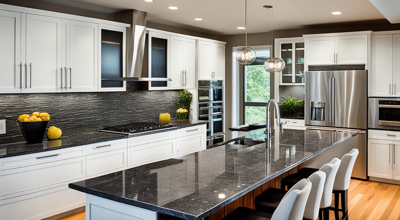 A kitchen with sleek granite countertops