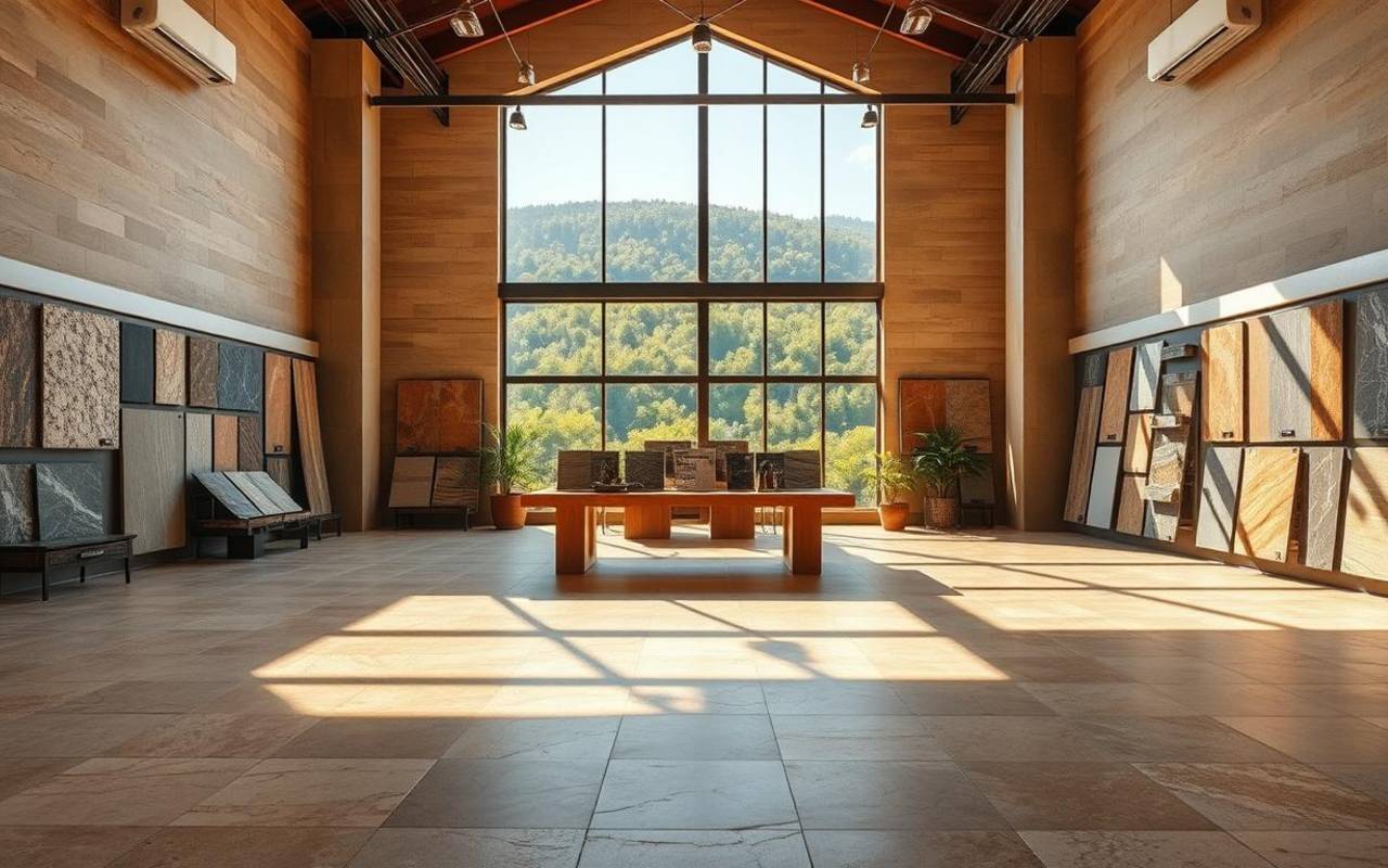 sun-drenched room with natural stone flooring with eco-friendly natural stone material samples