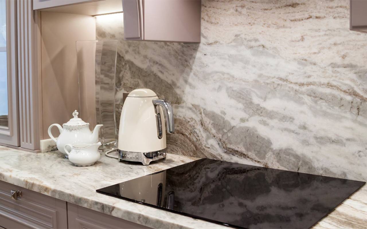 quartz kitchen countertop and blacksplas