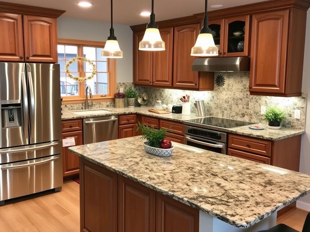 kitchen with brown granite countertops, and stainless steel kitchen appliances