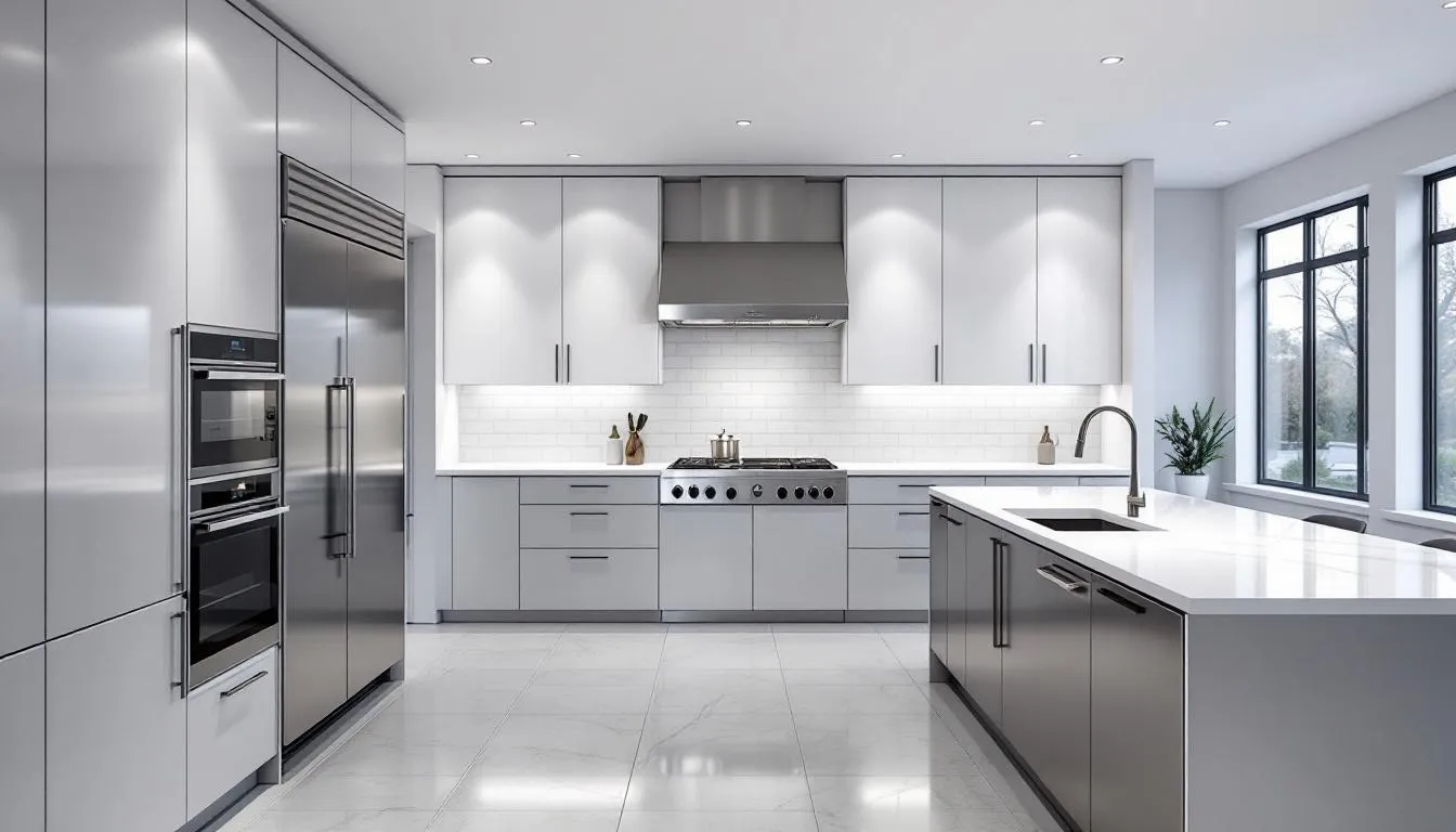 The image showcases a beautiful modern kitchen featuring sleek white quartz countertops and contemporary cabinetry, creating an inviting and stylish cooking space. The bright, organized room is designed for functionality, making it a perfect idea for those looking to enhance their kitchen countertop options.