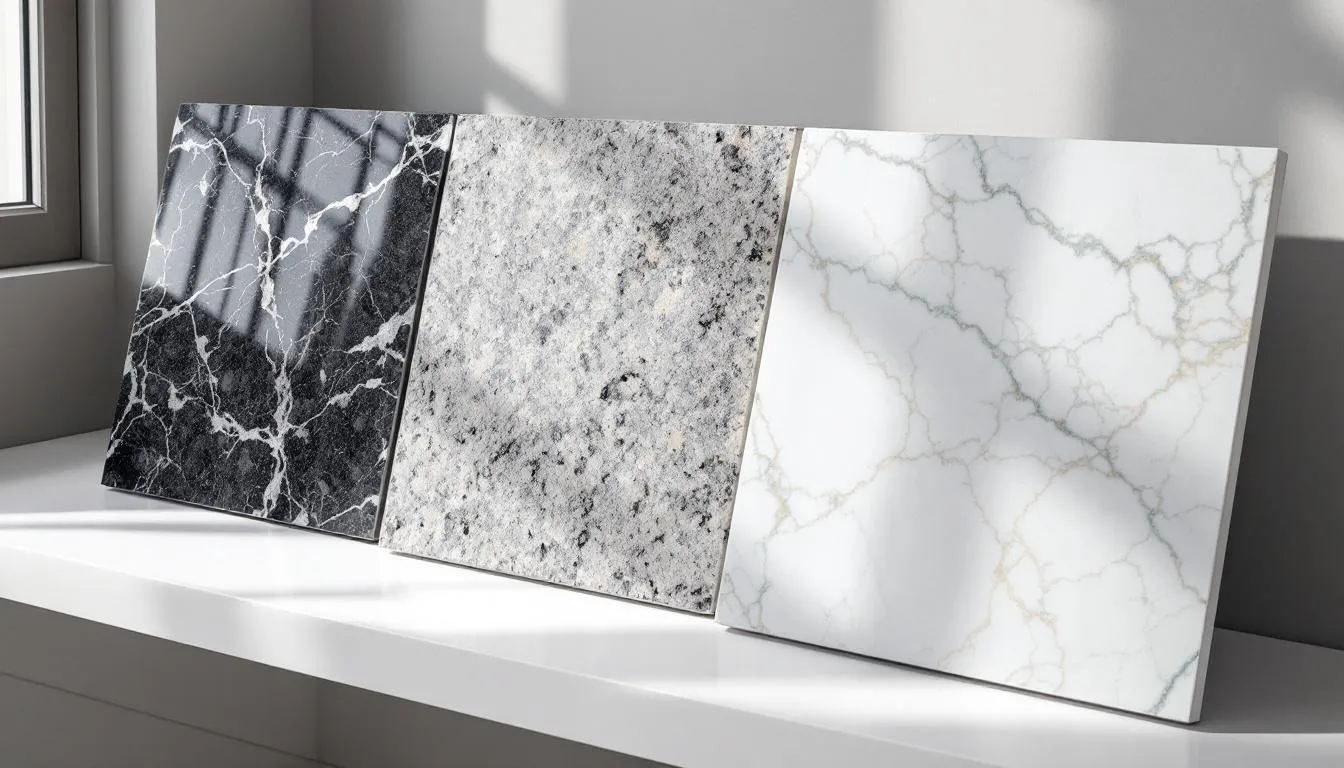 The image showcases a variety of granite countertop samples in different colors, including river white granite and shades of brown and black, all displayed under natural lighting in a showroom. This elegant arrangement highlights the beauty and unique patterns of the granite slabs, making them a perfect choice for homeowners looking to enhance their kitchens and bathrooms.