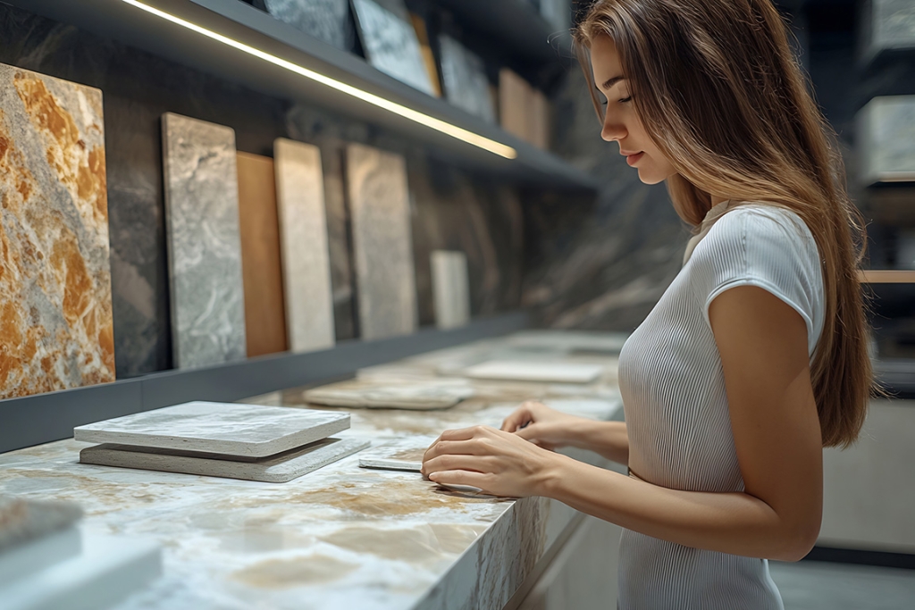 Asian woman interior designer chooses color of granite countertop for kitchen
