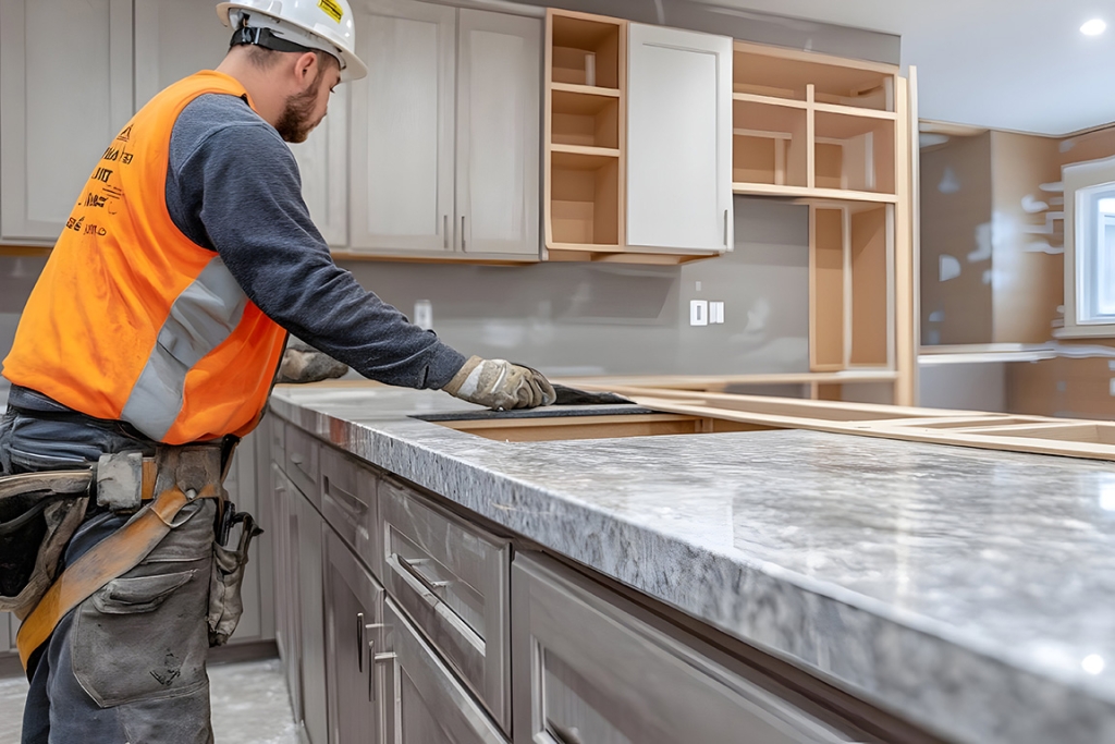 professional installing granite countertops in kitchen remodel project