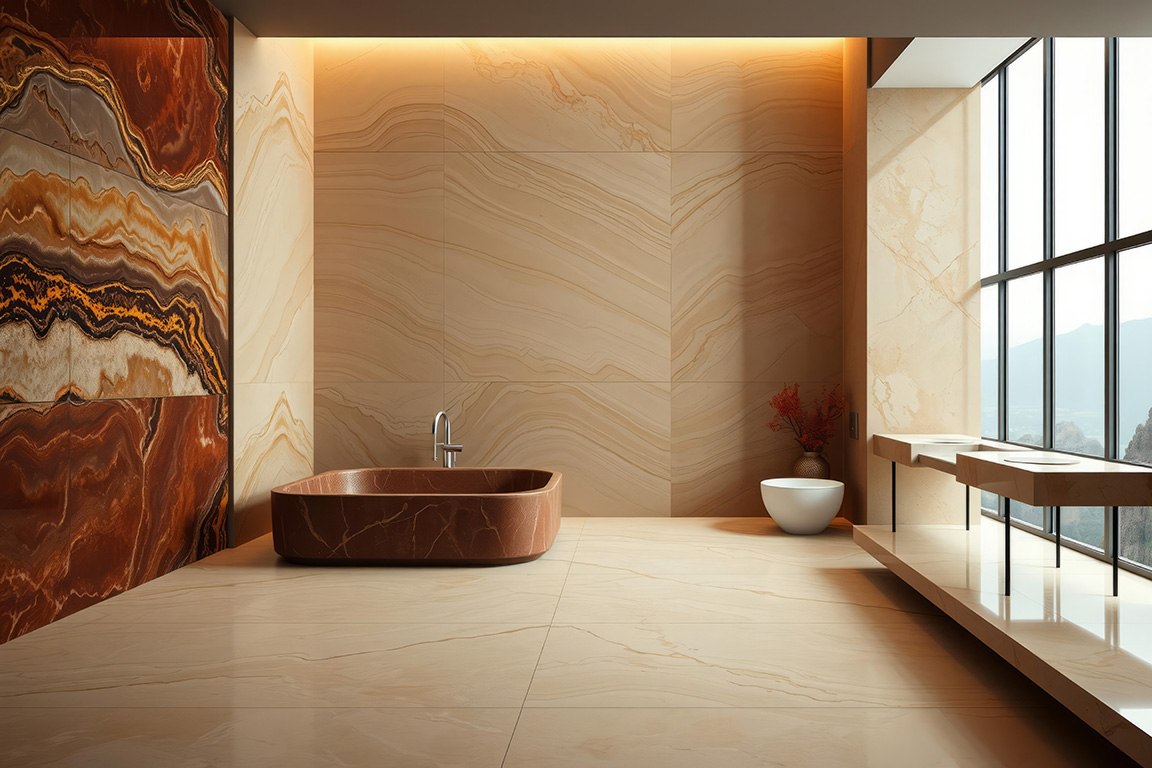 panorama of natural onyx its Emperador texture shimmering and a symphony of beige glossy limestone quartzite and Italian marble tiles