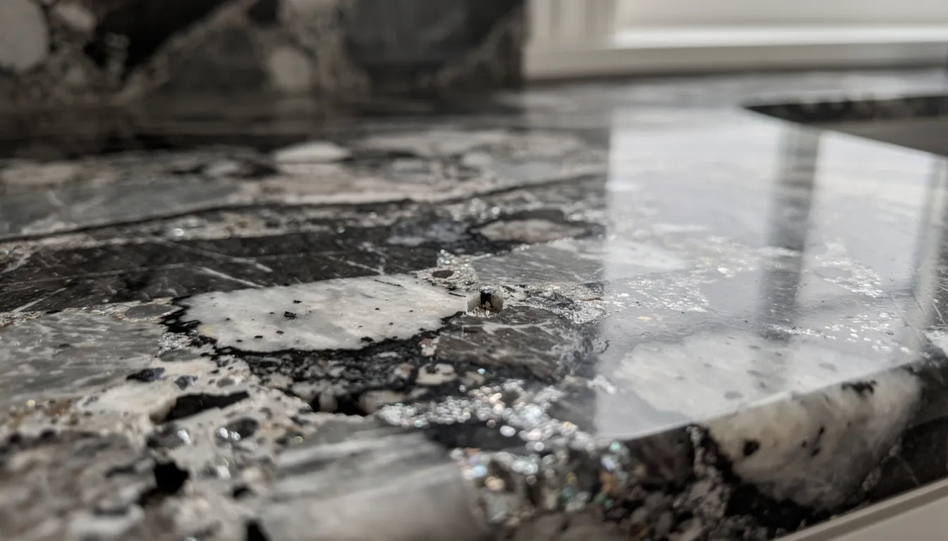 A close-up view of a polished granite countertop reveals its stunning mineral crystals and intricate natural veining patterns, showcasing the beauty of this durable countertop material. The surface is not only visually appealing but also heat resistant and stain resistant, making it an ideal choice for kitchen countertops.