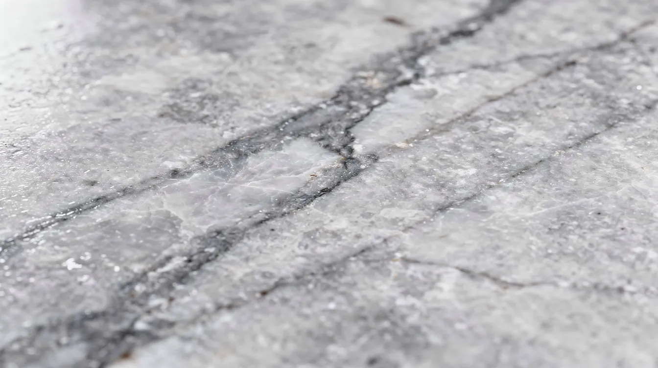 The image shows a close-up view of a gray veined quartz countertop surface, highlighting its intricate patterns and smooth texture. Quartz countertops are known for their durability, stain resistance, and low maintenance, making them an excellent choice for busy kitchens.