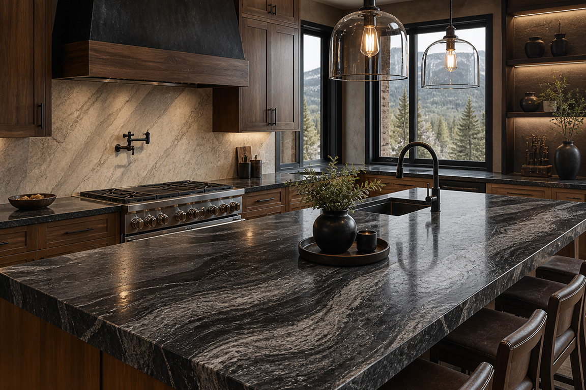 Dark granite countertop in a mountain modern Denver kitchen with wood cabinetry