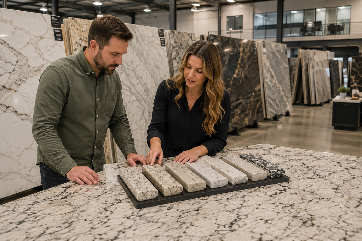 Customer reviewing countertop edge profile samples with a consultant in a Denver stone showroom