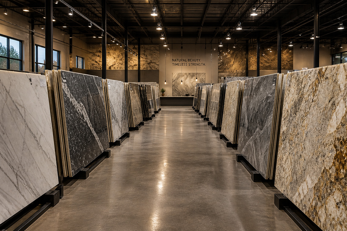 Natural stone slab showroom with granite and marble inventory on display in Denver