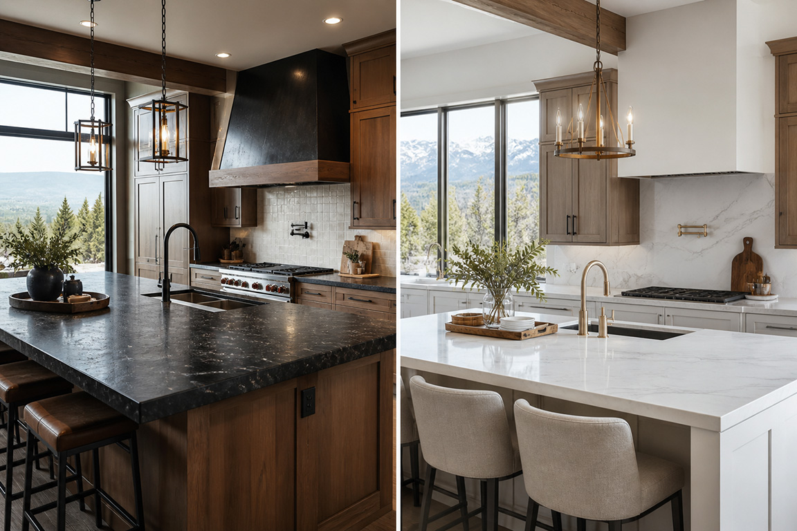 Side-by-side comparison of granite vs. marble countertops in a modern Denver kitchen