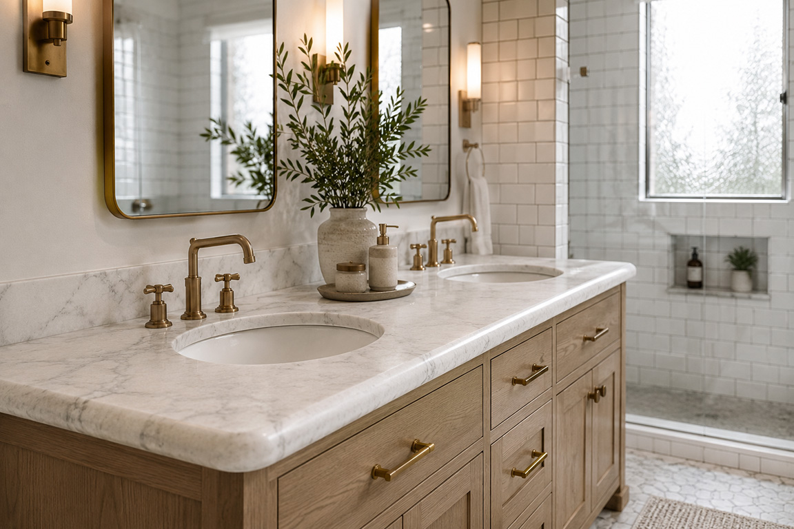 White marble bathroom vanity with bullnose edge profile and brass fixtures