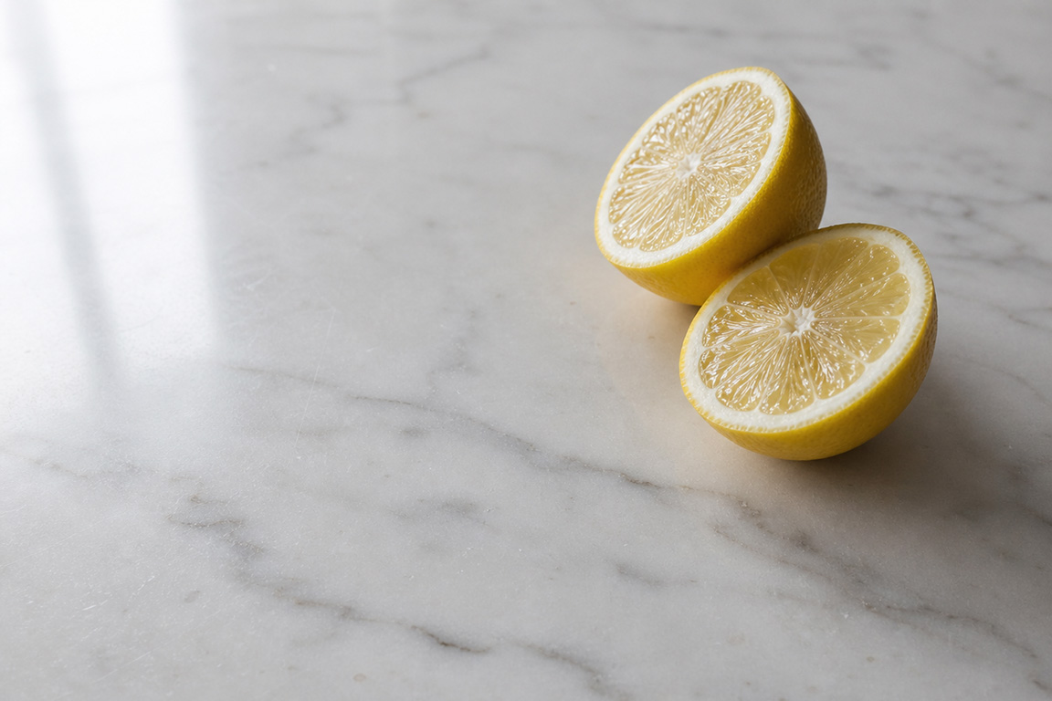 White marble countertop showing surface with lemon cut in half on countertop