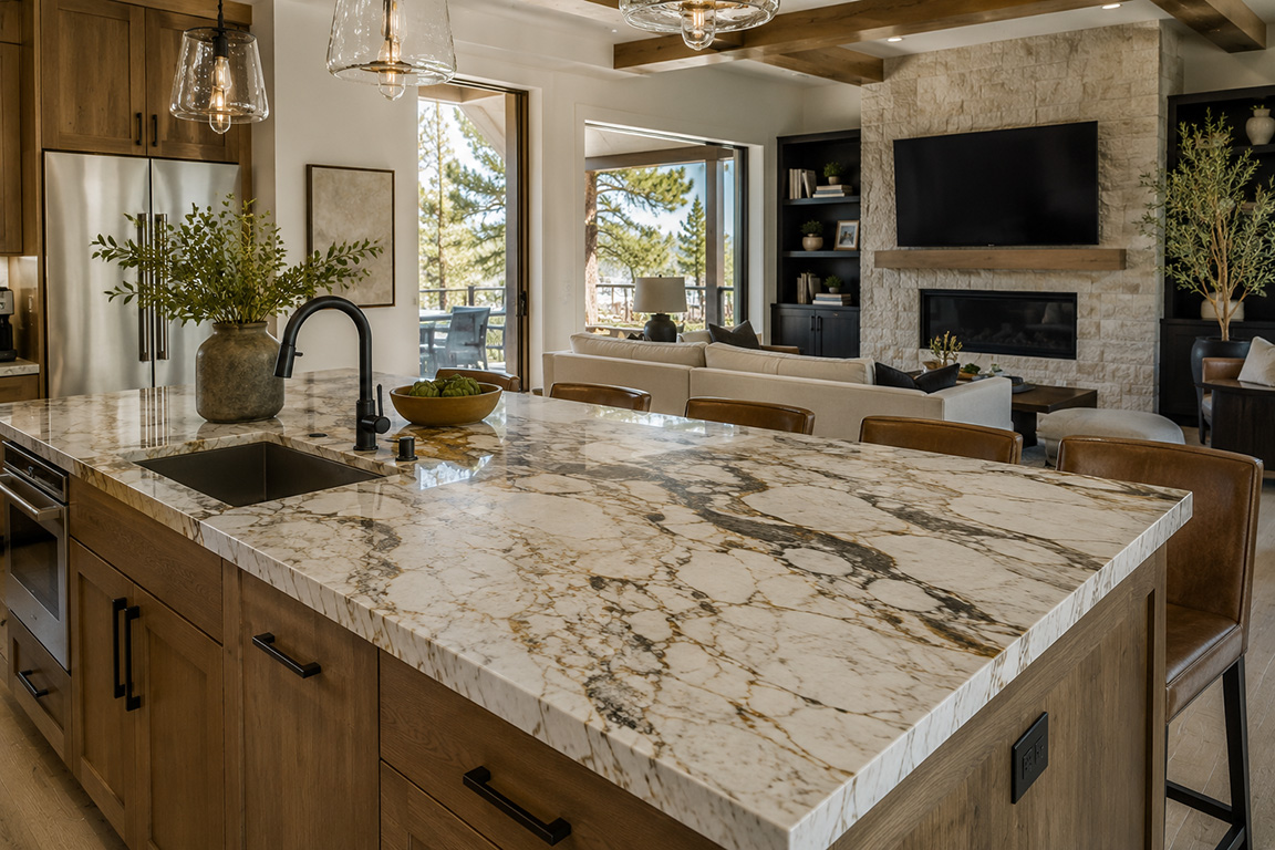 Quartzite kitchen island countertop with eased edge profile in a Denver open-concept home