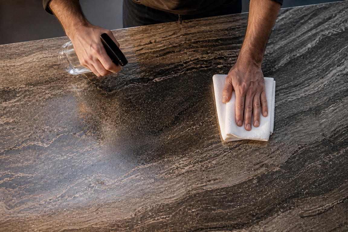 Applying sealer to a natural stone countertop during routine maintenance