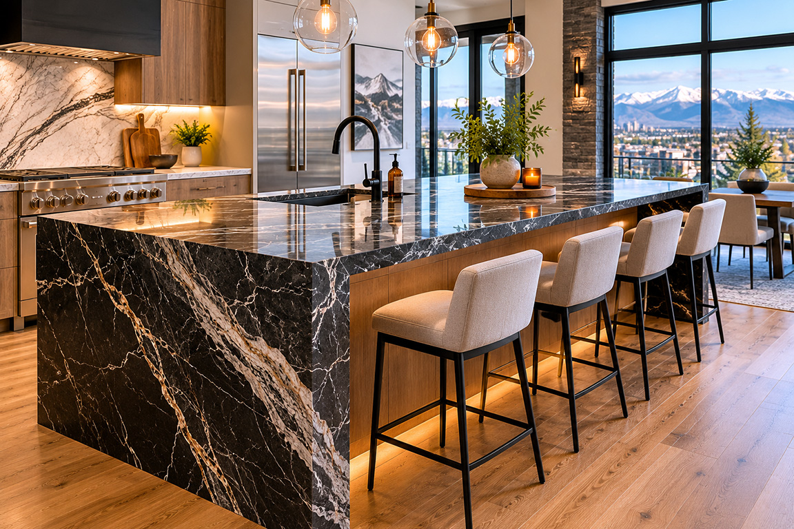 Waterfall countertop edge on a kitchen island with dramatic quartzite stone in a Denver luxury kitchen remodel