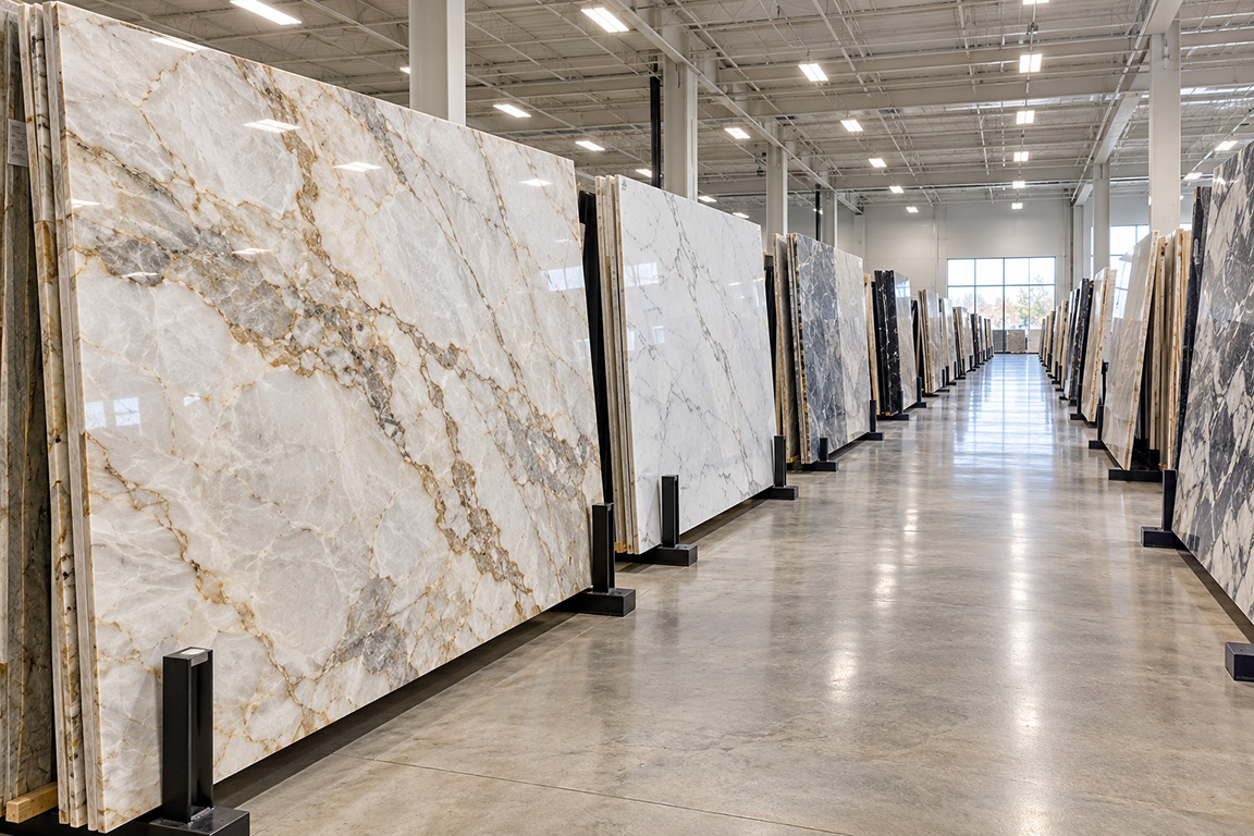 Rows of quartzite and marble slabs in a Denver stone warehouse