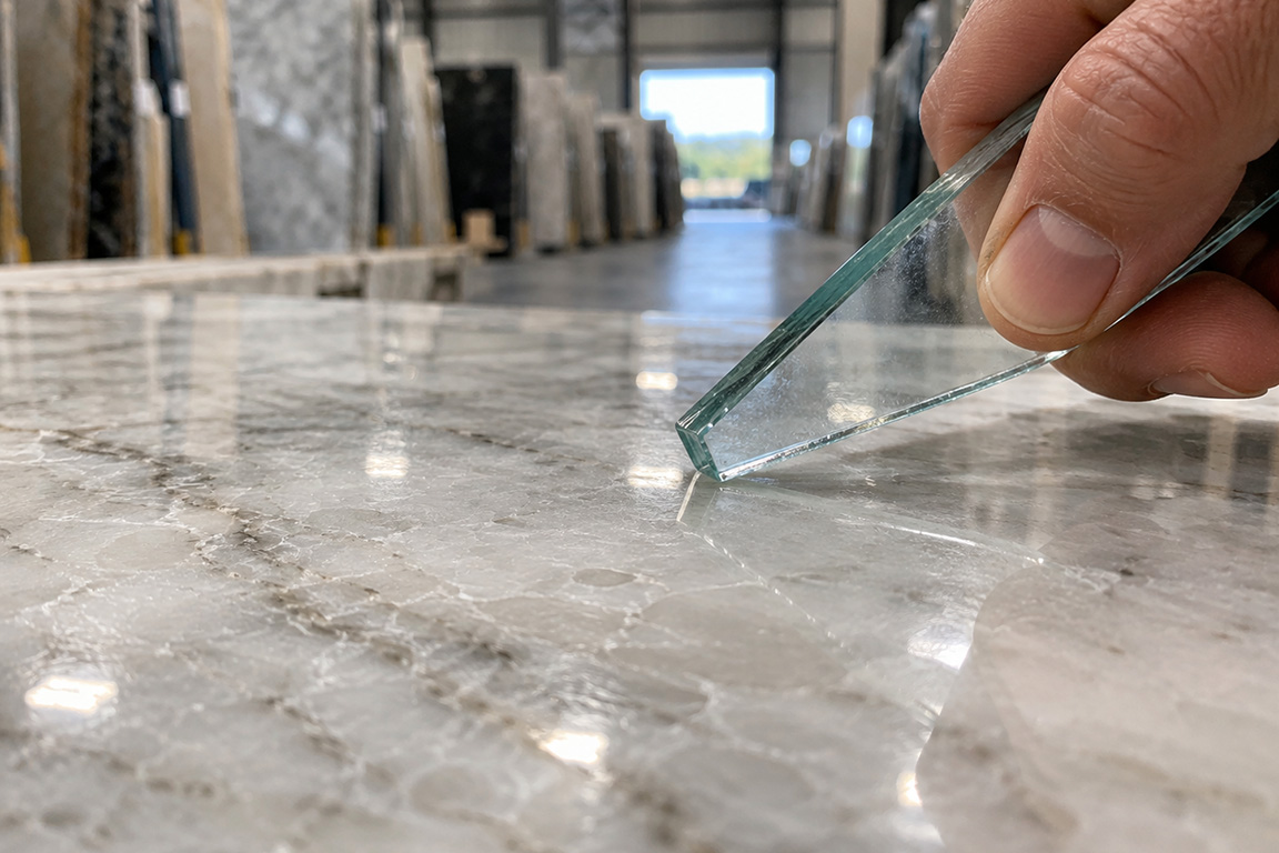 Performing a glass scratch test on a quartzite sample